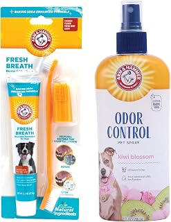 Arm & Hammer Dog Care Bundle | Fresh Breath Enzymatic Dental Kit with Toothbrush & Chicken Toothpaste (2.5 oz) + Super Deodorizing Spray for Dogs, Kiwi Blossom Scent (8 oz)