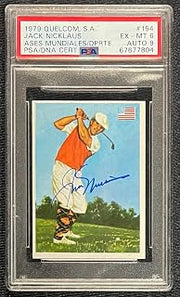 JACK NICKLAUS SIGNED 1979 Quelcom, S.A. Ases Mundiales Del Depo PSA 6 AUTO 9 - Golf Cards