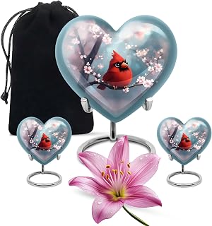 Heart Shaped Human Ashes Cardinal Urn - Combo of 3 - Memorial Urns - 1pc of 10 Inches Cremation Urns | 3 Inches, Red Cardinal Bird Small Keepsake Urn Set of 2 - Ash Holder