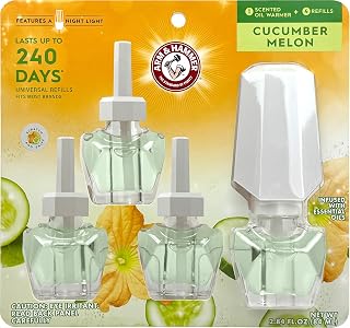 Arm & Hammer Plug in Scented Oil Starter Kit, 1 Warmer with Night Light + 4 Refill, Cucumber Melon, Eco Friendly, Air Freshener Essential Oils