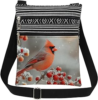 Northern Cardinal Red Bird in Snow Women Adjustable Strap Crossbody Bag Red Berries with Cardinal Messenger Bag Daily Use Zipper Purse Unique Birthday Gift for Sister or Friend