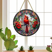 Decorative Hanging Ornament Round Acrylic Panel 7.9 Inch Red Cardinal with Flowers Design Window Suncatcher Art for Home Garden Wall Décor