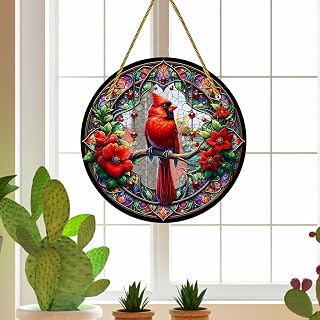 Decorative Hanging Ornament Round Acrylic Panel 7.9 Inch Red Cardinal with Flowers Design Window Suncatcher Art for Home Garden Wall Décor