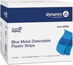 Dynarex Blue Metal Detectable Plastic Bandages, 1" x 3" Adhesive Bandages with Internal Foil Strip - Ideal for Medical, Pharmaceutical, and Food Prep