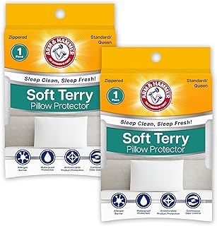 Arm & Hammer Soft Terry Body Pillow Protector, Waterproof, Zipper Closure, White, Standard/Queen, 2-Pack