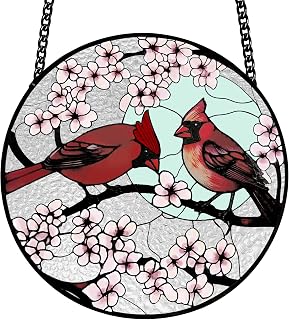Cardinal Stained Glass Window Hanging with Chain, 7.8 in Suncatcher