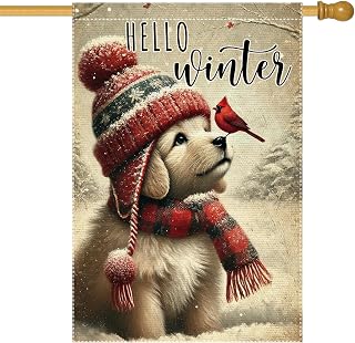 Hello Winter Dog Garden Flag 24x40 Vertical Double Sided Cardinal Bird Snow Christmas Holiday Outside Decorations Burlap Yard Flags (RMQ-58D, 24"X40")
