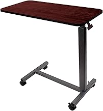 Dynarex Overbed Table - Height Adjustable Rolling Side Table with Locking Wheels - H-Base Frame, Lift Mechanism - 30" x 15" Top, Height 29" - 45", 50 lb Capacity - Walnut - 1 Count
