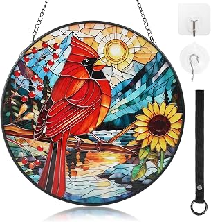 Cardinal Stained Glass Suncatcher, 7.9-Inch Window Hanging
