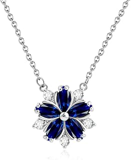 Birthstone Floral Necklace for Women, Silver Plated Hypoallergenic Flower Pendant with Sapphire Ruby Emerald Multi Color Gem Jewelry Gift