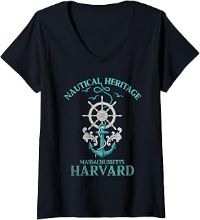 Women's Harvard Massachusetts Nautical Heritage Anchor Design V-Neck T-Shirt