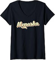 Women's Menasha Tshirt Retro Art Baseball Font Vintage V-Neck T-Shirt