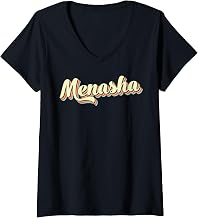 Women's Menasha Tshirt Retro Art Baseball Font Vintage V-Neck T-Shirt