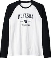 Menasha WI JN1 Vintage Athletic Blue Design Raglan Baseball Tee