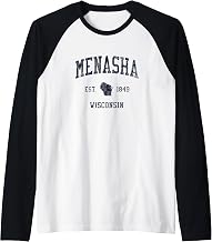Menasha WI JN1 Vintage Athletic Blue Design Raglan Baseball Tee