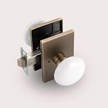 NCL White Door Knob, Antique Brass Porcelain Door Knobs Interior, Rectangle Door Levers for Bedroom and Bathroom, Privacy Door Handles with Lock