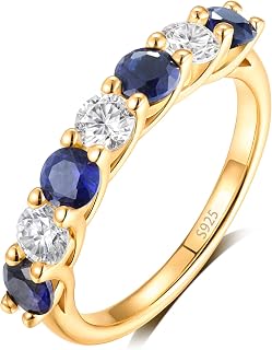 7 Stones Moissanite and Sapphire/Ruby/Emerald Eternity Rings for Women, Solid 925 Sterling Silver , Yellow Gold Plated, Anniversary Birthday Mothers Day Jewelry Gift, Stackable Wedding Ring, Size 5-9