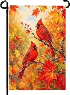 Fall Garden Flags 12x18 Inch Double Sided Cardinal Autumn Yard Flag Maple Leaf Thanksgiving Small Flags for Outside Lawn Outdoor Decor