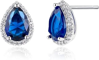 Sapphire Stud Earrings for Women Navy Blue Teardrop CZ Sapphire Jewelry