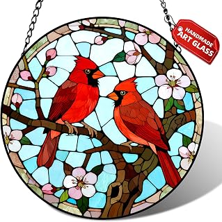 Cardinal Pair Stained Glass Suncatcher Window Hanging Bird Memorial Gift