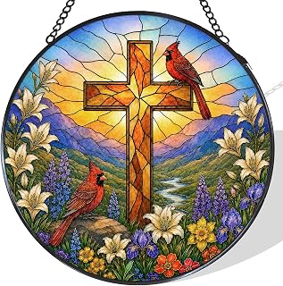 Cardinal Cross Stained Glass Window Hanging Suncatcher