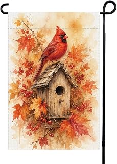 Cardinal Birdhouse Garden Flag,12x18 Autumn & Rustic Outdoor Yard Flag