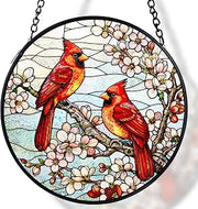 Stained Glass Window Hanging, Red Cardinal Birds Suncatcher