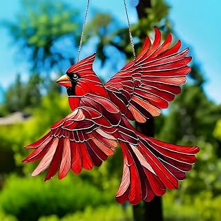2D Flat Cardinal Bird Suncatcher Stained Glass Window Hanging Decor 8x8 (Red)