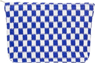 Checkered Makeup Bag for Purse, Small Flat Cosmetic Pouch,Sapphire Blue