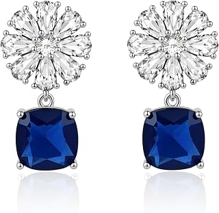 Silver Sapphire Flower Dangle Earrings for Women
