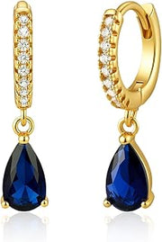 Teardrop Sapphire Dangle Earrings for Women Dainty Blue Huggie Earrings
