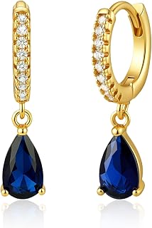 Teardrop Sapphire Dangle Earrings for Women Dainty Blue Huggie Earrings