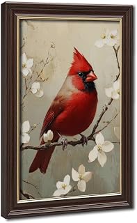 Cardinal Wall Art Red Bird White Blossoms Rustic Living Room Decor