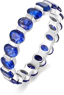 Birthstone Full Eternity Band 925 Sterling Silver Gold Plated Bezel CZ/Ruby/Sapphire/Emerald Rings for Women Size 6-10, Oval or Round Shape