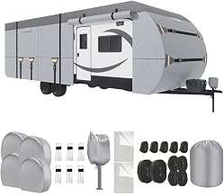 Travel Trailer RV Cover for Prime Time Avenger 37DBS 2021–2026, Nonwoven Fabric with Water Resistant Construction, Air Vents, Adjustable Straps for Outdoor Storage