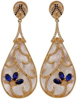 Diamond Blue Sapphire Mother of Pearl 925 Sterling Silver Earrings