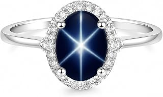 Blue Star Sapphire Ring for Women, Natural Lindy Star 925 Sterling Silver Halo Ring, September Birthstone