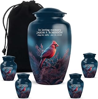 Customized Red Cardinal Blue Memorial Urn Set for Adult Ashes, (10" & 3")