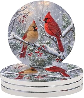 Winter Cardinal Bird Snow Berry Ceramic Coaster Set of 4