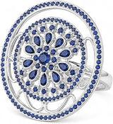Blue Sapphire Mandala Statement Ring for Women, 925 Sterling Silver Luxury Cocktail Ring, Vintage Floral Halo Engagement Ring, Round Sapphire Cluster Anniversary Ring