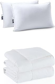 Pacific Coast Queen Size 2 Pack Cooling Pillows & Lightweight Feather and Down Fiber Comforter Queen Size