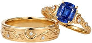 1-2 Carat Sapphire Leaf Couple Ring Set for Women and Men