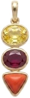 Natural Yellow Sapphire 5Ct, Ruby 5Ct & Red Coral 8Ct Gemstone Pendant in Panchadhatu Tri-Stone Astrology Vedic Jewelry Pendant for Men Women