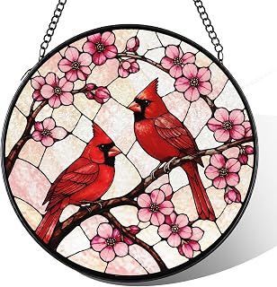 Cardinal Bird Floral Suncatcher Decor Stained Glass Window