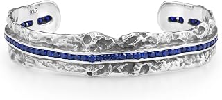 Natural Blue Sapphire Cuff Bracelet Mens Oxidized 925 Sterling Silver Handmade Hammered Open Cuff Bangle Natural Gemstone Adjustable Silver Bracelet Men's Artisan Statement Jewelry Gift for Him
