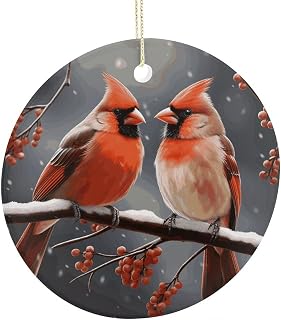 Cute Cardinal Birds Ceramic Ornament Round Hanging Pendant