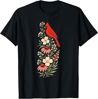 Bird Watching Northern Cardinal Wildflower Bouquet T-Shirt