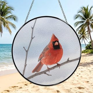 Cardinal Bird Stained Glass Window Hanging with Chain 12in Suncatcher