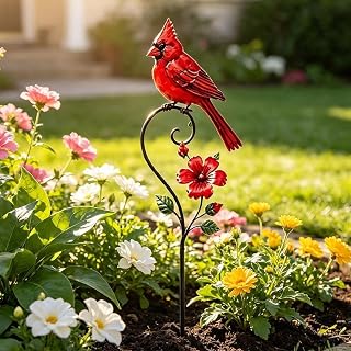 Red Cardinal Garden Stake, Metal Outdoor Bird Decoration (Style A)