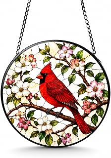 Red Cardinal Stained Glass Suncatcher Dogwood Bird Window Hanging